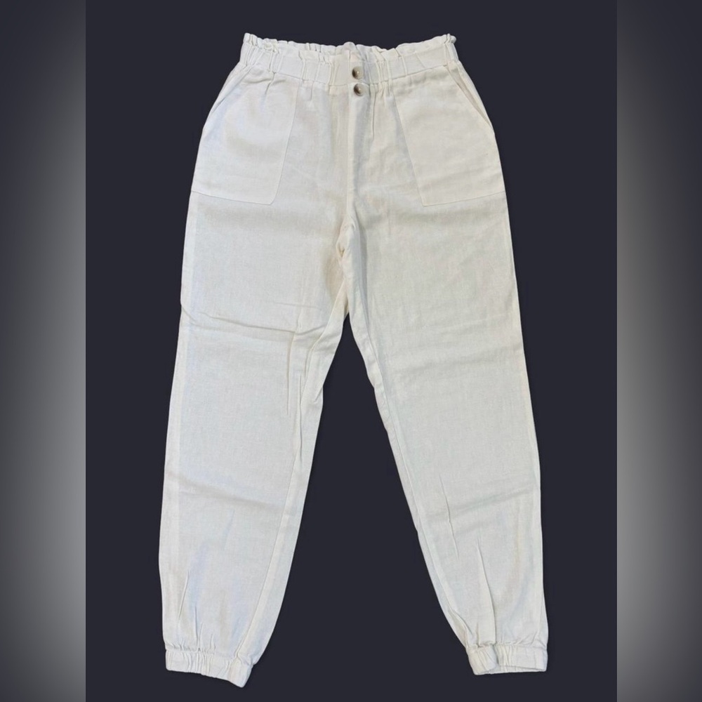 NWOT Women's Sincerely Jules Ivory Linen Blend Pants Medium Elastic Waist Jogger